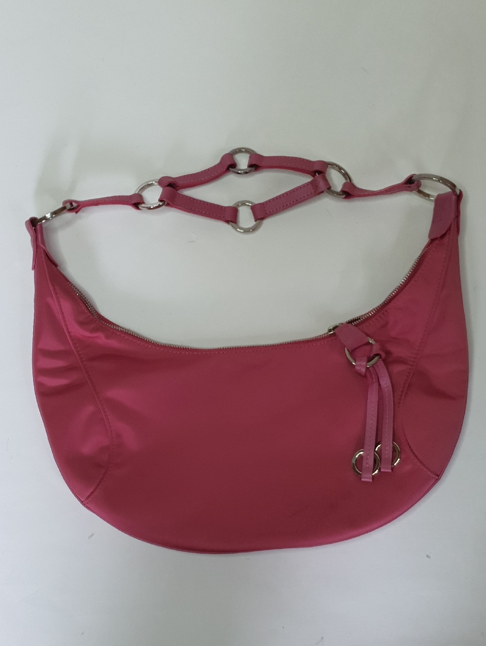 Longchamp Pink Satin Women’s Shoulder Bag Leather Ring-Link Strap